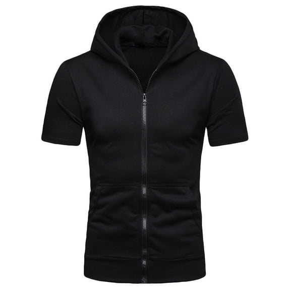 Mens Short Sleeve Hooded Tops Comfortable Zip Up Hoodie Lightweight Solid Color Full Zipper T Shirts with Pockets