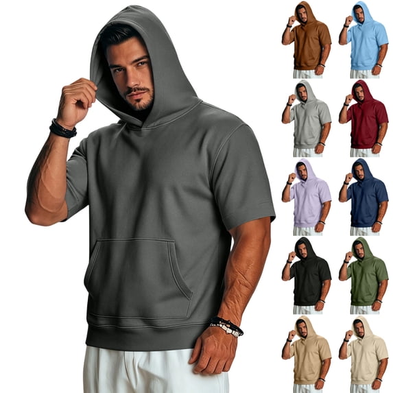Mens Short Sleeve Hoodie Loungewear Oversized Hoodie Shirt with Pocket Beige S