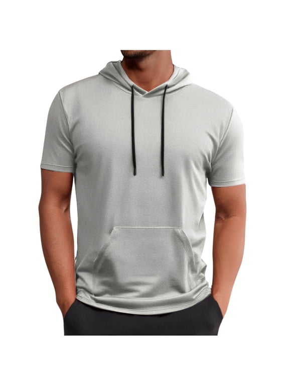 Mens Short Sleeve Hoodie Mesh Athletic Shirts Quick Dry Workout Bodybuilding Hooded Pullover Tops Moisture Wicking Fitness Tees with Kangaroo Pocket Summer