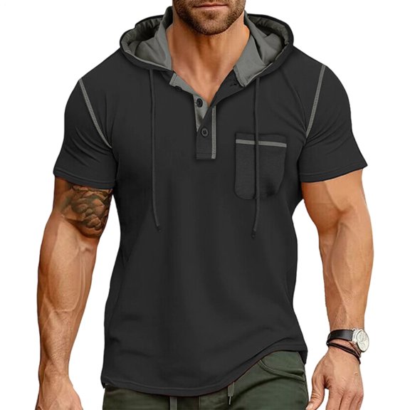 Mens Short Sleeve Hoodie Quarter Button Workout Gym Athletic Hoodie T Shirts with Pocket for Workout