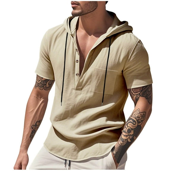 Mens Short Sleeve Hoodies Lightweight Breathable Deep V Neck Hooded T-Shirt Casual Summer Cotton Linen Shirt