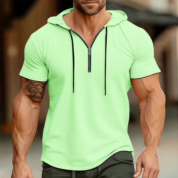 Mens Short Sleeve Hoodies T-Shirts Half Zipper Sweatshirts Athletic Solid Lightweight Hooded Pullover Tee Tops Green XXL