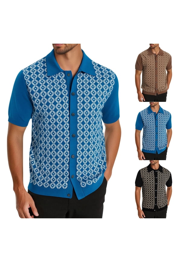 Mens Short Sleeve Knit Button Down Shirts Embroidered Texture Regular Fit Collared Fashion Rockabilly Casual 1950s Retro Old Money Hawaiian Father's Day Gift