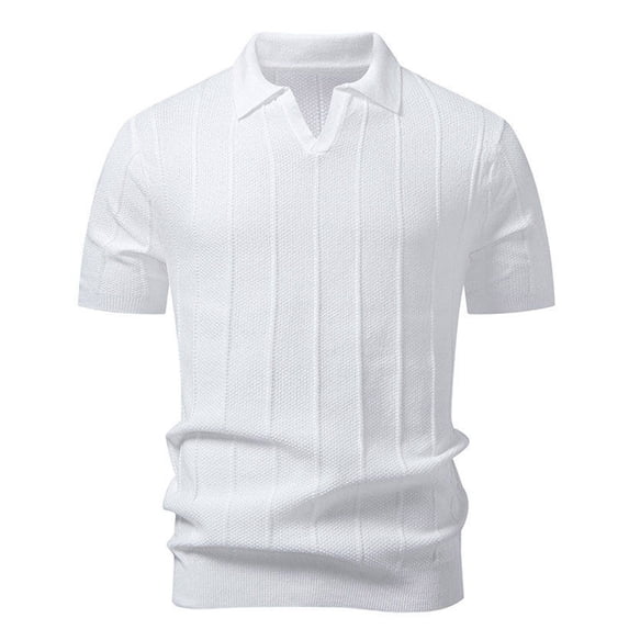 Mens Short Sleeve Knit Polo Shirts Jacquard Textured V Neck Casual Golf Shirt Stretch Summer Pullover Collared Sweater Old Money Clothes Size 2XL