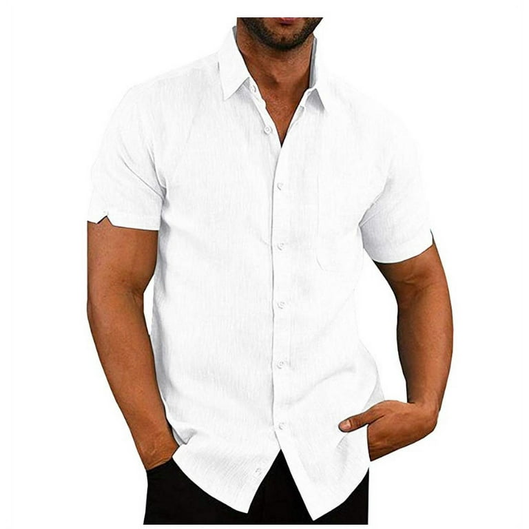 Mens Short Sleeve Linen Cotton Shirts Solid Color Spread Collar Fishing  Tees Button Down Shirts
