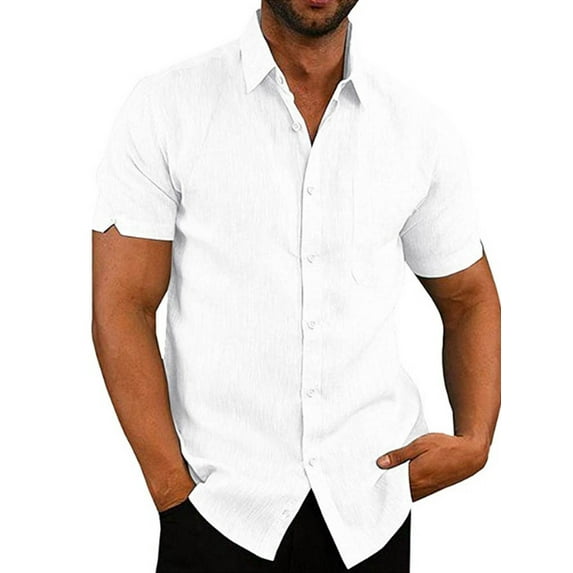 Mens Short Sleeve Linen Cotton Shirts Solid Color Spread Collar Fishing Tees Button Down Shirts