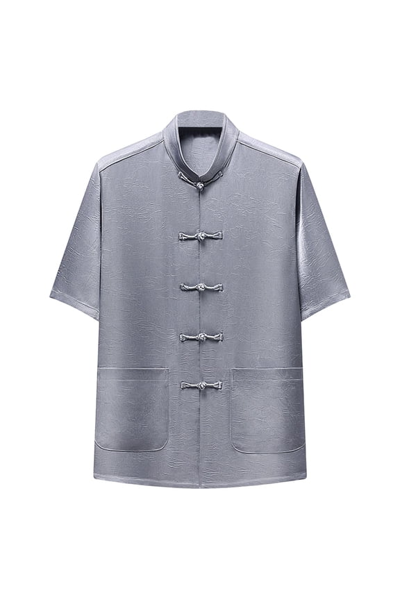 Mens Short Sleeve Mandarin Collar Retro Hippie Shirt Summer Casual Beach Vacation Tops Crinkle Texture Frog Button Traditional Clothing with Pockets