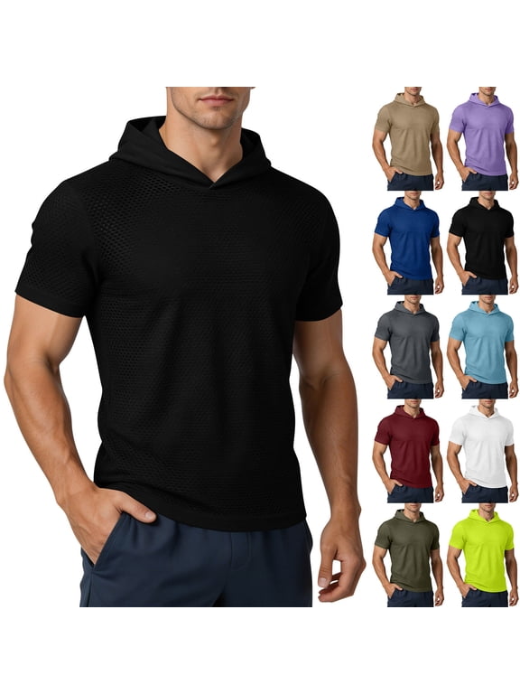 Mens Short Sleeve Mesh Hoodie T-Shirt, Casual Fitness Sports Hooded Short Tops Slim Fitted Muscle Shirts Quick Dry Workout Gym Hooded Pullover Lightweight Breathable Running Hoody