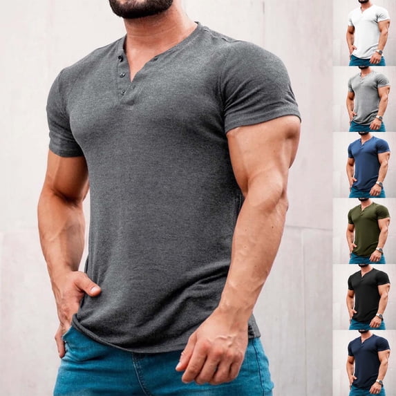 Mens Short Sleeve Muscle Fit Henley T-Shirts Workout Athletic Bodybuilding Tops Casual V Neck 3 Button Placket Summer Basic Lightweight Tee for Training