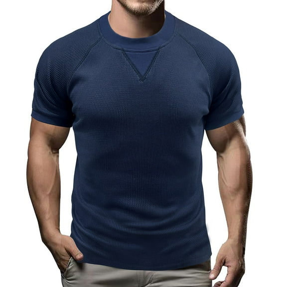 Mens Short Sleeve Muscle Shirt Crewneck Slim Fit Workout Tees Lightweight Basic T-Shirts Waffle Plain Quick Dry Tops Blue L