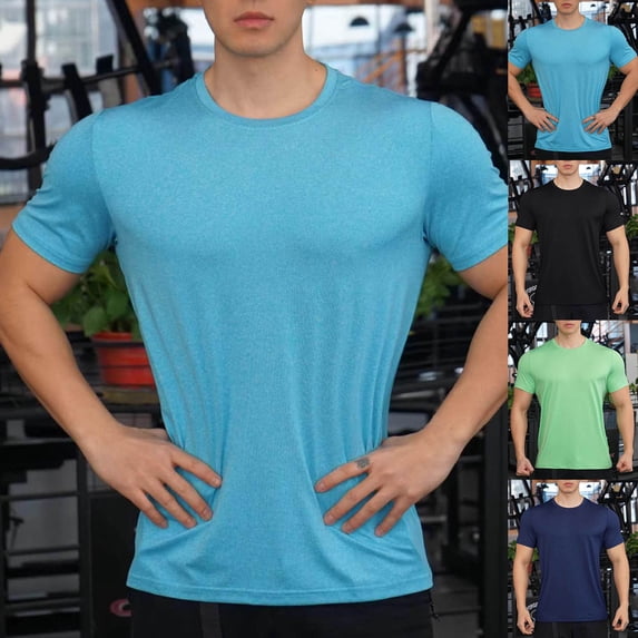 Mens Short Sleeve Muscle T-Shirt Bodybuilding Athletic Training Tee, Muscle Fit Crew Neck Fitness Top, Quick Dry 4-Way Stretch Performance Base Layer Solid Color