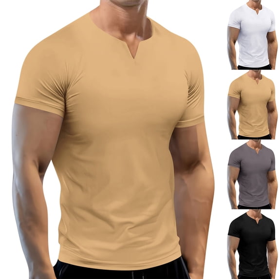 Mens Short Sleeve Notch Neck Muscle T-Shirts Workout Slim Fit Performance Tees Bodybuilding Training Tops Summer Basic Activewear Solid Color Stretch Apparel