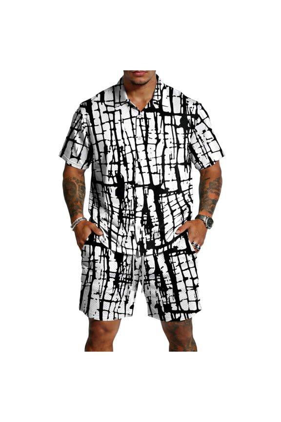Mens Short Sleeve Outfits 2 Piece Summer Beach Retro Pattern Button Down Shirts and Shorts Set Tracksuit with Pockets