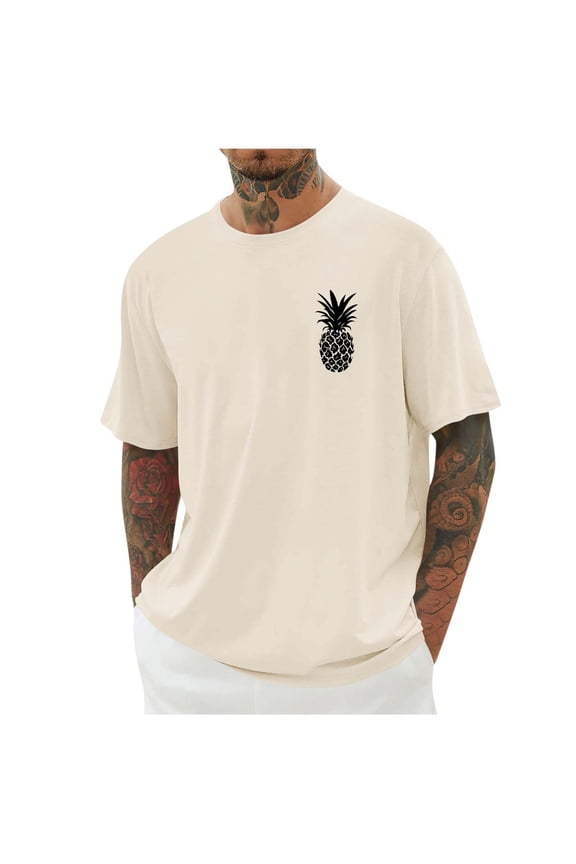 Mens Short Sleeve Pineapple Graphic Tee Funny Crew Neck T Shirts Loose Fit Summer Shirts Big and Tall Size M-4XL Beige