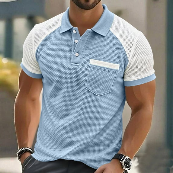 Mens Short Sleeve Polo Shirt Plaid Color Block Pocket Casual Summer Top Golf Tee Light Blue M