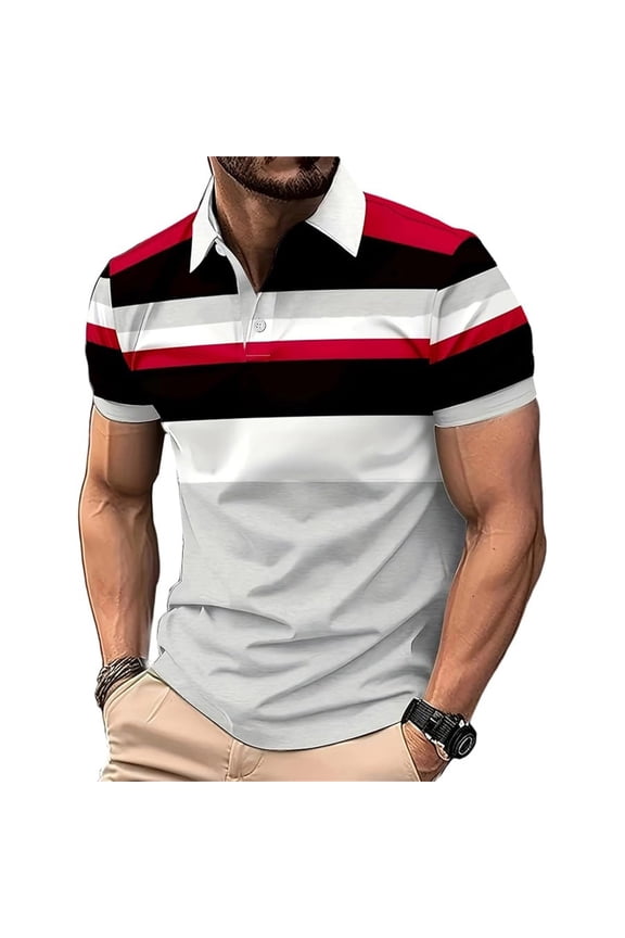Mens Short Sleeve Polo Shirts Casual Breathable Button Placket Tops Stylish Stretch Thin T-Shirt Mens Everyday Wear Red Size S