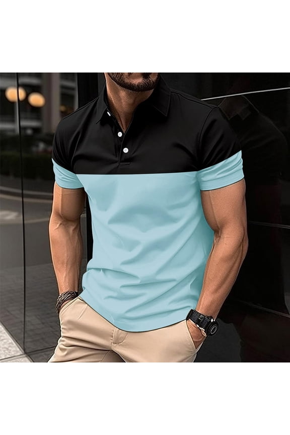 Mens Short Sleeve Polo Shirts Casual Relaxed Fit Button Placket Tops Quick Drying Stretch Thin T-Shirt Mens Everyday Wear Light Blue Size S