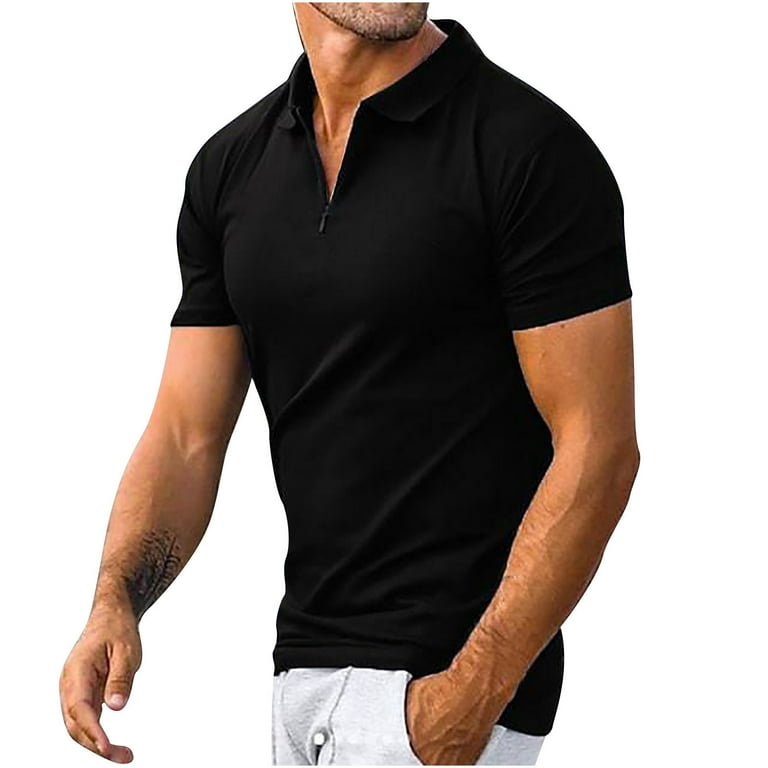 Mens Short Sleeve Shirts Clearance Ribbed Quarter Zip Front Lapel Neck Work Dress Shirt Tshirt Colorblock Stretch Tee X Large Black 02 Walmart