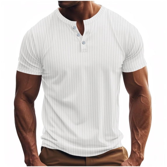 Mens Short Sleeve Ribbed Muscle Fit Henley Shirts 3 Button Athletic Bodybuilding Workout Tee Casual Slim Summer Beach Tops Stretch Activewear Basic Top