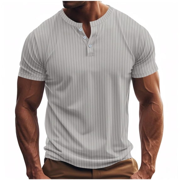 Mens Short Sleeve Ribbed Muscle Fit Henley Shirts 3 Button Athletic Bodybuilding Workout Tee Casual Slim Summer Beach Tops Stretch Activewear Basic Top