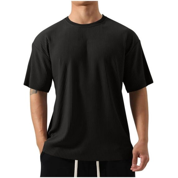 Mens Short Sleeve Ribbed T-Shirts Crewneck Basic Tee Fashion Plain Stripe Top Solid Color Blouse Summer Casual Pullover Black XL
