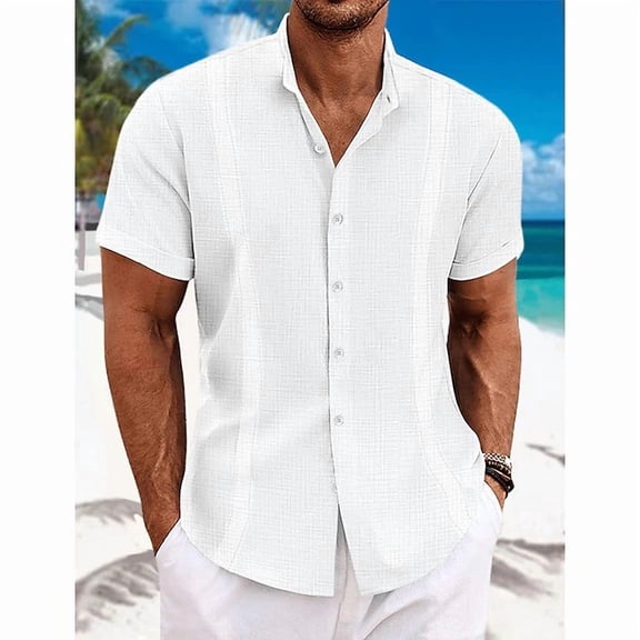 Mens Short Sleeve Shirt Button Down Casual Regular Fit Solid Shirts for Men Summer Beach Hawaiian Lightweight Tops with Pocket White L