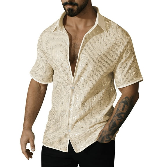 Mens Short Sleeve Shirt, Button Down Shirts for Men Summer Casual Vintage Sparkly Solid Color Lapel T-Shirts S-3XL
