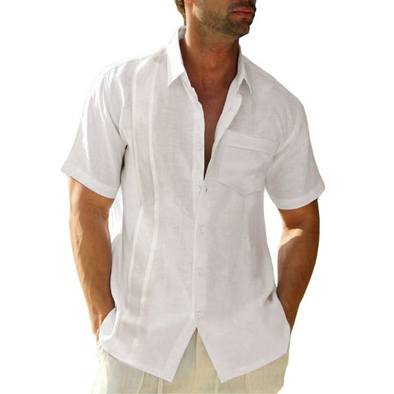 Mens Short Sleeve Shirts Button Down Lapel Solid Color Tops