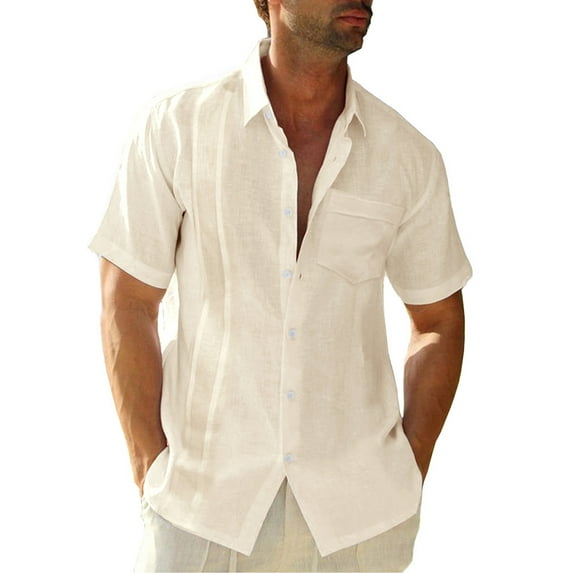 Mens Short Sleeve Shirts Button Down Lapel Solid Color Tops
