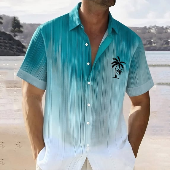 Mens Short Sleeve Shirts Gradient Coconut Tree Print Button Down Lapel Tops Casual Daily Loose Shirt for Men Green XXXL