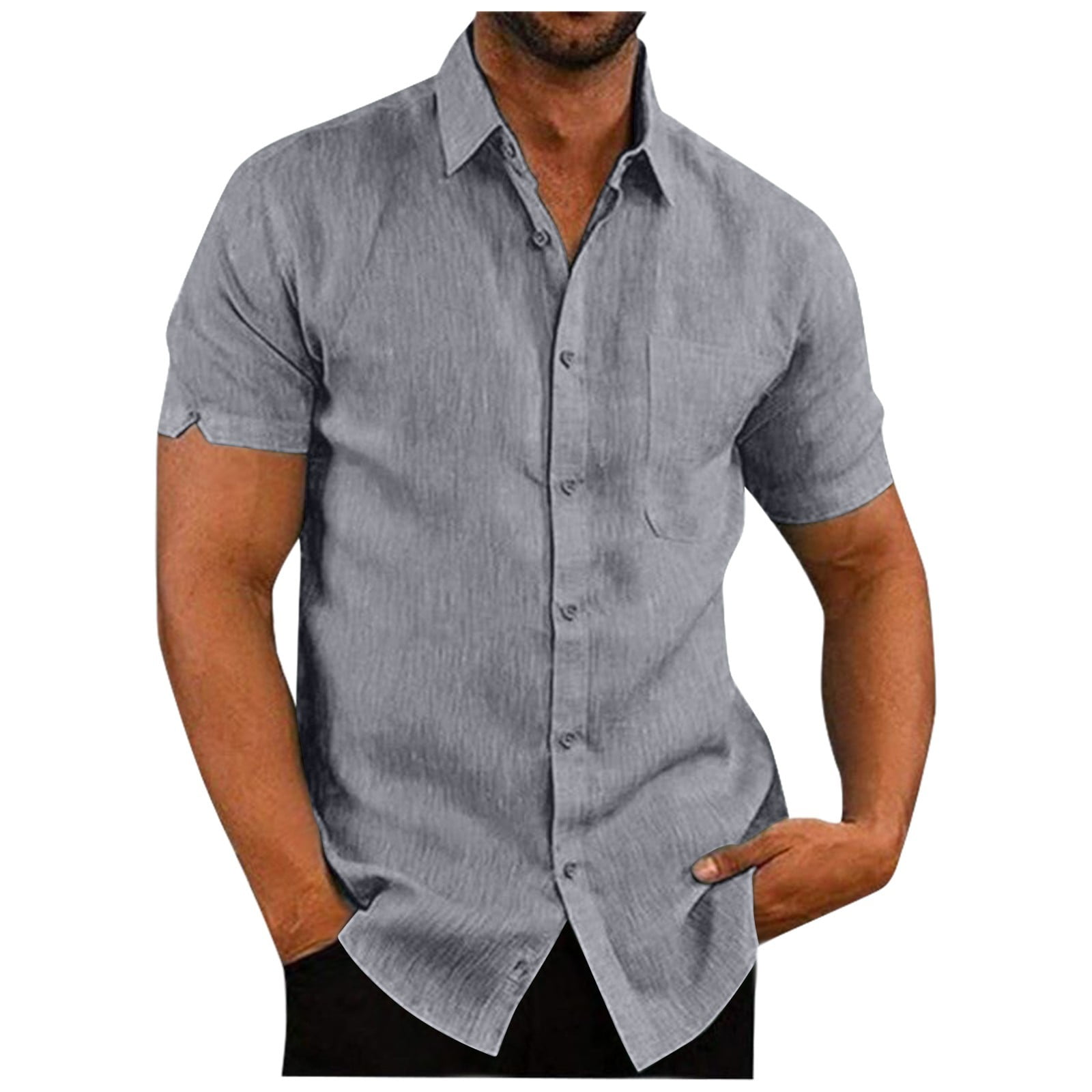 Pengfei Men's Short Sleeve Linen Cotton Shirt - Casual Button-Down Tee For Summer (Blue, Black, Beige & More) - View #5