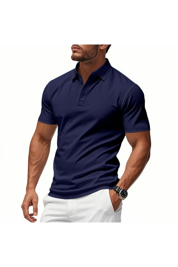 Mens Short Sleeve Shirts Mens Uniform Shirts Short Sleeve Button Lapel Collar Golf Basic Tee Tops Fashion Casual Solid Color T-Shirt Navy L