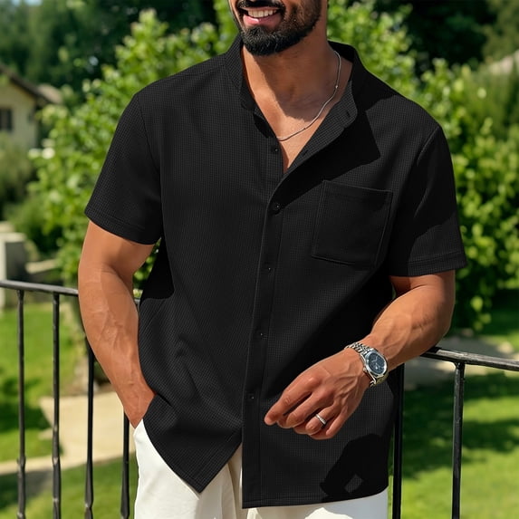 Mens Short Sleeve Shirts, Mens Waffle Button Down Shirt Short Sleeve Loose Fit Cuban Summer Beach Plain Tops