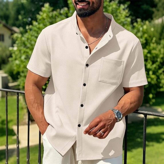 Mens Short Sleeve Shirts, Mens Waffle Button Down Shirt Short Sleeve Loose Fit Cuban Summer Beach Plain Tops