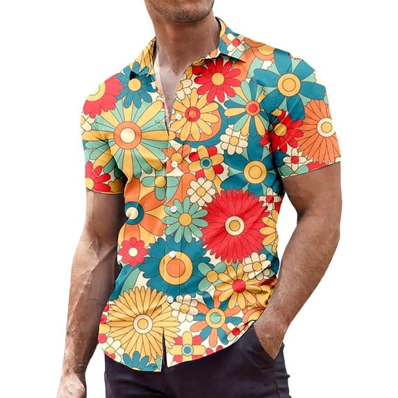 Mens Short Sleeve Shirts Plus Size Floral Print Button Down Lapel Shirt Stylish Loose Casual Shirts for Men Orange L