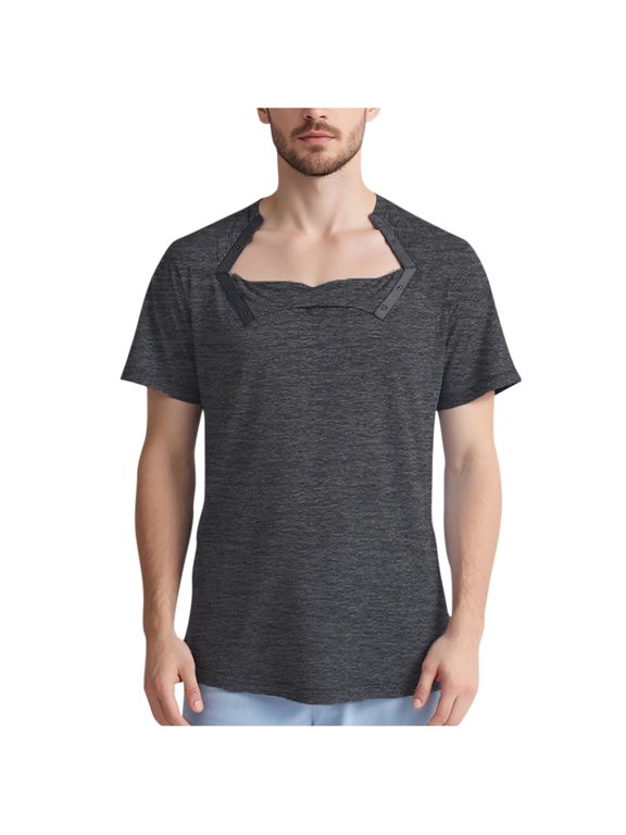 Mens Short Sleeve Solid Color Casual Shirts, Open Neck Snap Button Medical Recovery Shirt for Post Surgery