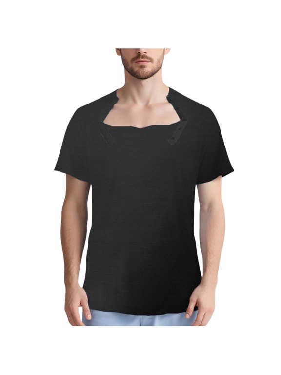 Mens Short Sleeve Solid Color Casual Shirts, Open Neck Snap Button Medical Recovery Shirt for Post Surgery