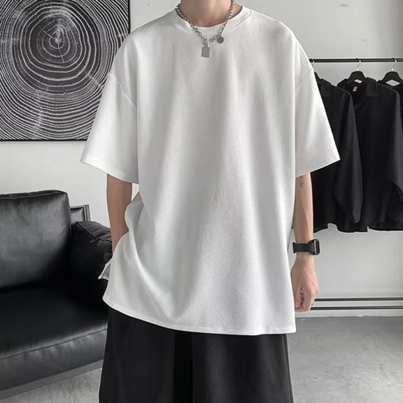 Mens Short Sleeve T Shirt Irregular Spliced Round Neck Design Sense Fashion Split Solid Color Half Sleeve Temperament Five Quarter Top