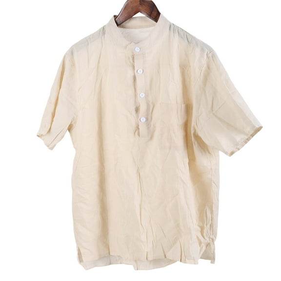 Mens Short Sleeve T-Shirt Linen Casual Breathable Blouse Buttons Up Stand Collar Solid Color Pullover Tops M-3XL