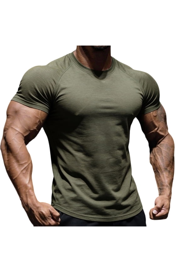 Mens Short Sleeve T Shirt Summer Muscle Slim Fitted Crewneck Longline Tees Shirts for Gym Workout