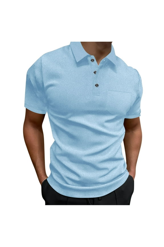 Mens Short Sleeve T Shirt with Button Lapel Solid Color Pocket Tee Business Work Tops