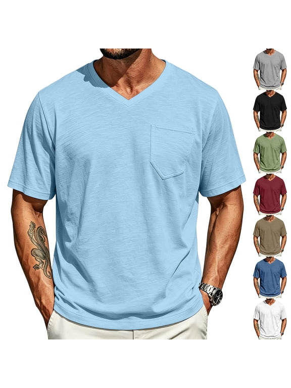 Mens Short Sleeve T-Shirts Casual V Neck Cotton Tee Summer Beach Tops with Pocket, 2XL