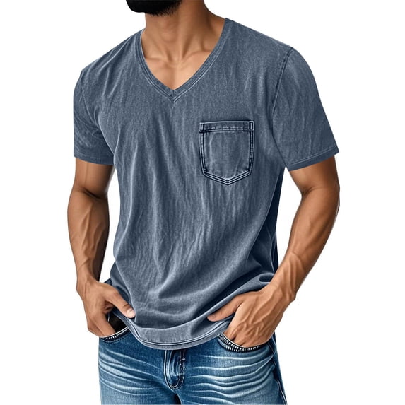 Mens Short Sleeve T-Shirts Casual V Neck Cotton Tee Summer Beach Tops with Pocket Big and Tall Size M-3XL Navy