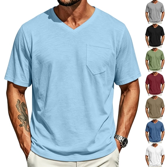 Mens Short Sleeve T-Shirts Casual V Neck Cotton Tee Summer Beach Tops with Pocket, XL