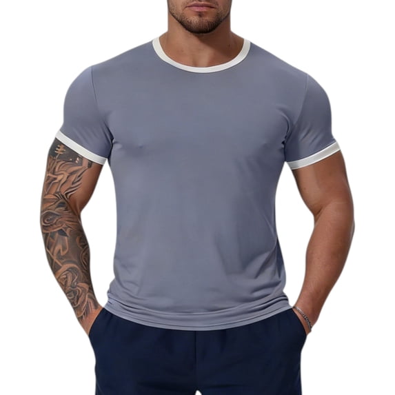 Mens Short Sleeve T-Shirts Crewneck Casual Cotton Shirt Contrast Collar Summer Basic Tops,Gray S
