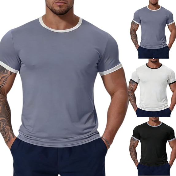 Mens Short Sleeve T-Shirts Crewneck Casual Cotton Shirt Contrast Collar Summer Basic Tops (White,S)