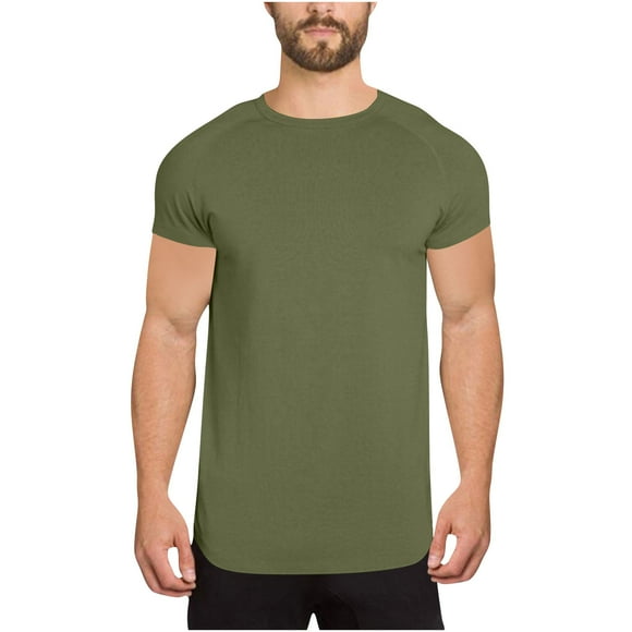 Mens Short Sleeve T Shirts Curved Hem Summer Muscle Slim Fitted Crew Neck Longline T-Shirt Gym Workout Tops