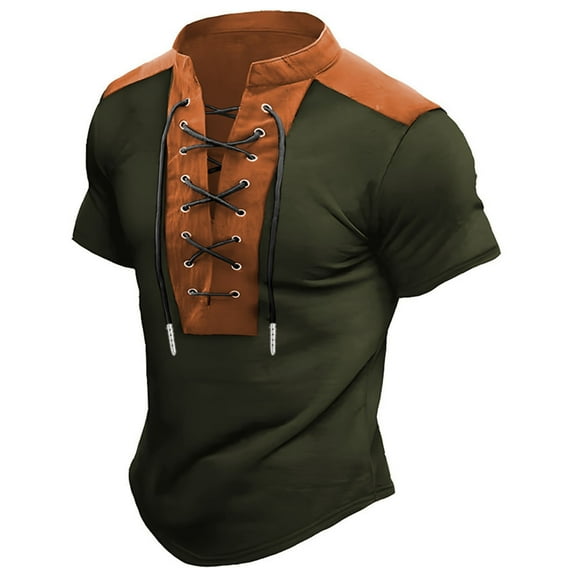 Mens Short Sleeve T-Shirts Retro Steampunk Lace-up V Neck Shirt Athletic Patchwork Lightweight Pullover Tee Top