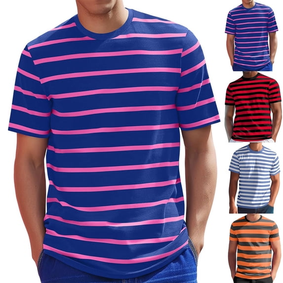Mens Short Sleeve T-Shirts Striped Casual Crewneck Basic Shirt Color Block Stretch Summer Beach Tees Light Blue Xl