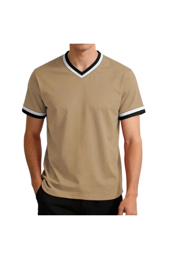 Mens Short Sleeve T-Shirts Summer V Neck Casual Shirt Contrast Collar Summer Vacation Beach Basic Tops Tees
